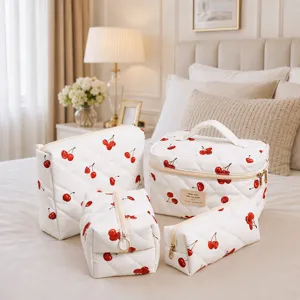 Quilted Cotton Makeup Bag Set Large Capacity Travel Toiletry Organizer Portable Cosmetic Pouch For Women