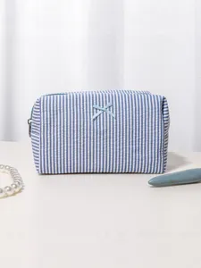 Women Portable Seersucker Striped Cosmetic Bag Cute Bow Travel Toiletry Bag Large Capacity Makeup Storage Pouch