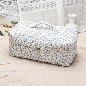 Quilted floral cosmetic bag with handle, large capacity travel storage for hair tools and makeup.