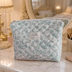 Quilted Cosmetic Bag Floral Large Capacity Pouch Portable Travel Makeup Storage Bag Cotton Padded Toiletry Bag For Women