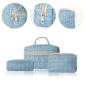 Blue tweed cosmetic bag set travel makeup pouch storage organizer detail view style