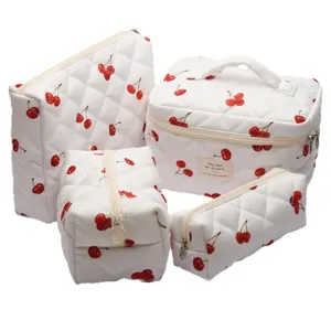 Quilted cherry cosmetic bag set, large capacity portable makeup pouch and toiletry storage.