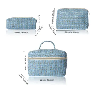 Blue tweed cosmetic bag set large capacity portable travel makeup organizer pouch with handle