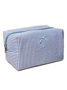 Blue white striped seersucker cosmetic bag travel portable toiletry storage pouch with cute bow.