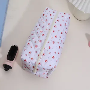 Quilted cosmetic storage bag with cute cherry pattern, large capacity portable zipper pouch.