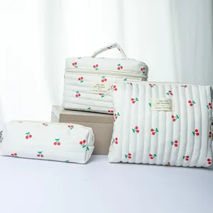 Large quilted cherry cosmetic bag set portable toiletry storage pouch travel organizer white