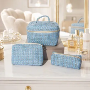 Women Tweed Cosmetic Bag Large Capacity Travel Toiletry Pouch Portable Makeup Organizer Bag Set Chic Plaid Storage Bag