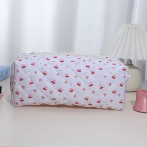 Quilted Hairdryer Storage Bag Large Capacity Portable Cosmetic Bag with Cherry Bow Print