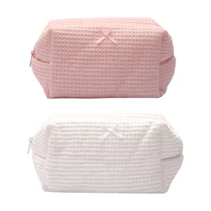 Large capacity travel makeup bag waffle women portable cosmetic pouch cute bow zipper