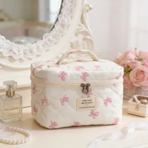 Quilted Bow Floral Cosmetic Bag Large Capacity Portable Makeup Pouch Sweet Style Toiletry Organizer For Women