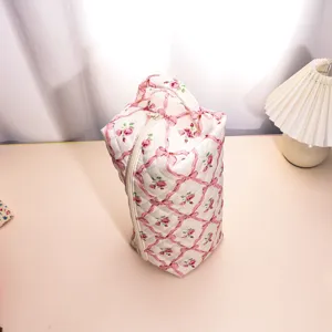 Quilted floral hair dryer storage bag portable travel cosmetic makeup organizer pouch.