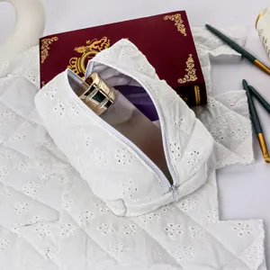 Quilted embroidered lace cosmetic bag toiletry pouch portable travel makeup storage bag detail view
