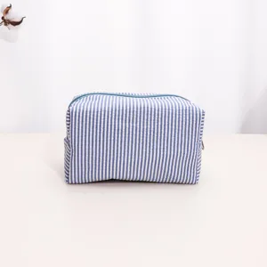 Blue and white striped cosmetic bag, portable travel storage pouch with durable zipper design.