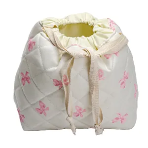Quilted drawstring makeup bag, cute pink bow cosmetic pouch for travel storage organizer.