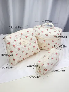 Set di borsa cosmetica trapuntata con fiori, trousse trucco portatile di grande capacità donna.