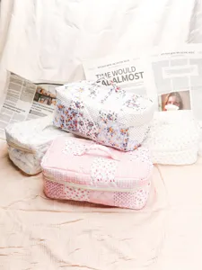 Quilted cosmetic bag large capacity portable travel makeup storage pouch with floral design