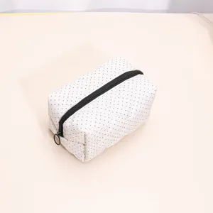 White polka dot quilted cosmetic bag, large capacity puffy travel makeup pouch and organizer.