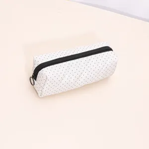 Quilted polka dot makeup pouch soft storage cosmetic bag portable travel organizer case white