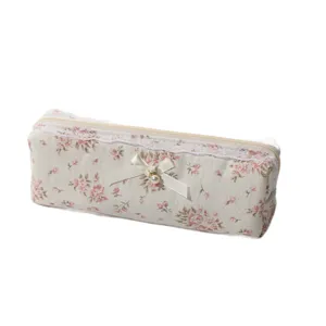 Floral Quilted Cosmetic Pouch Cotton Makeup Brush Bag Travel Toiletry Organizer for Women