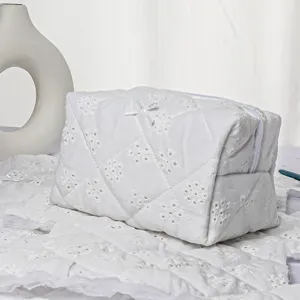White quilted embroidered lace makeup storage bag portable travel toiletry pouch for women.