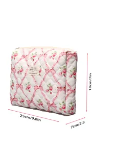 Quilted cosmetic bag with pink rose ribbon pattern, large capacity travel storage pouch.