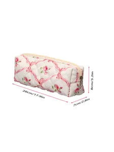 Quilted floral ribbon cosmetic bag, large capacity portable makeup storage pouch.