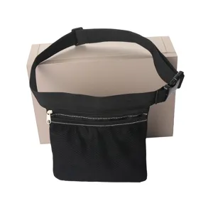 Black mesh sports waist bag detail, breathable pocket with adjustable strap and buckle.