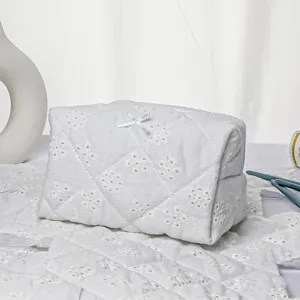 White quilted embroidered cosmetic bag portable lace toiletry storage pouch for travel women