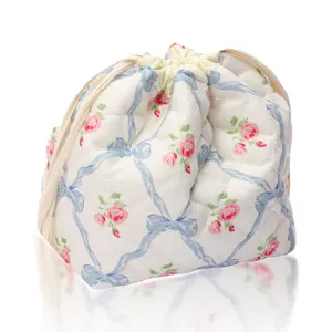 Quilted floral drawstring makeup bag, cute vintage rose cosmetic pouch for daily travel.