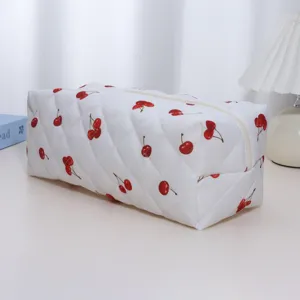 Detail view of white quilted cherry print storage bag for hairdryer or makeup cosmetics