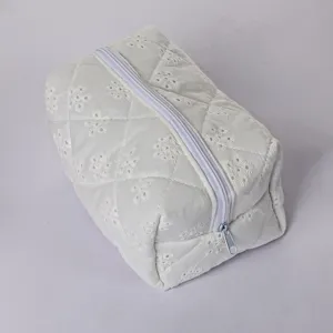 White quilted embroidered cosmetic bag portable cotton makeup pouch travel toiletry organizer