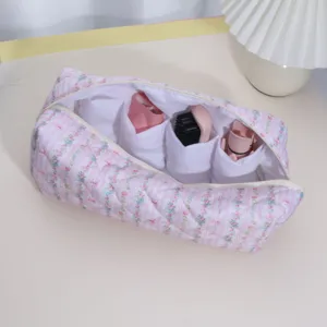 Pink floral quilted hair dryer storage bag portable travel cosmetic organizer with dividers.