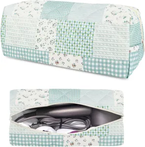 Quilted blue and white patchwork hairdryer storage bag, portable padded large capacity zipper pouch.