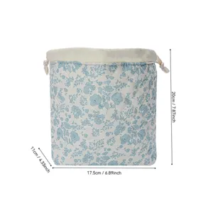 Quilted floral drawstring makeup bag, portable travel wash storage pouch with dimensions.