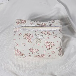 Quilted floral cosmetic bag with lace trim, portable zipper makeup storage pouch for women.