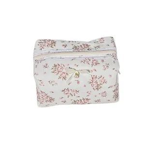 Quilted lace floral cosmetic bag with bow and zipper for women travel daily makeup storage pouch