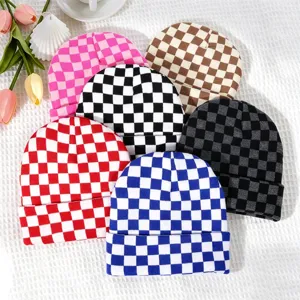 Unisex Checkerboard Jacquard Knit Beanie Winter Warm Casual Retro Street Style Cuffless Pullover Hat For Men And Women