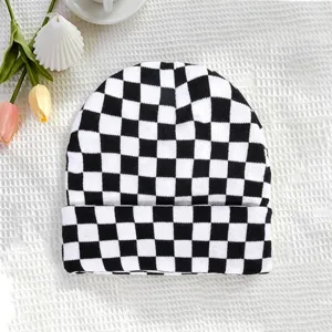 Black white checkered knit beanie winter warm fashion streetwear hat casual skull cap for men women