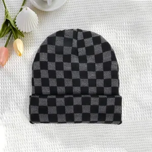 Black grey checkerboard knit beanie for winter warm outdoor street fashion cold hat