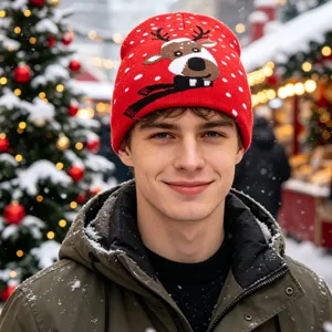 Christmas knit beanie winter hat with cute reindeer pattern festive warm streetwear accessory