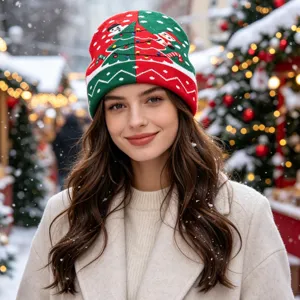 Christmas knitted beanie hat with festive tree and snowman pattern for winter outdoor wear.