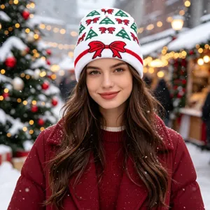 Christmas knitted beanie hat for women winter warm stylish festive red bow holiday snow cap