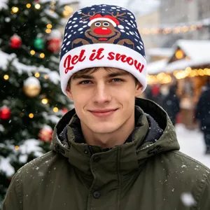 Christmas knitted beanie hat featuring festive reindeer pattern and cozy winter style.