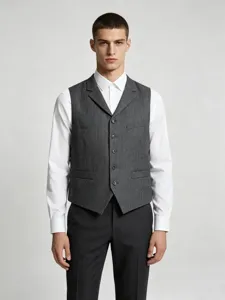 Men's grey herringbone suit vest slim fit business casual waistcoat for formal wedding attire.