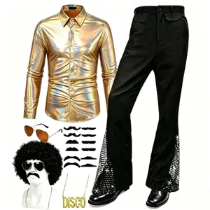 Costume disco homme an 70 ensemble chemise doree brillante pantalon patte d'elephant
