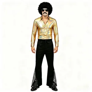 Costume Disco Homme Années 70 Chemise Or Brillant Pantalon Évasé Fête Scène Cosplay