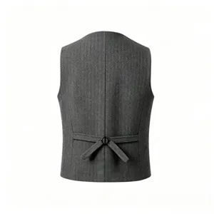 Men's herringbone business casual vest back view, stylish waistcoat with adjustable back strap.