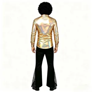 Ensemble de costume disco rétro pour homme chemise métallique dorée et pantalon patte d'éléphant