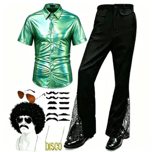 costume disco retro homme annees 70 chemise metallique verte pantalon patte d'eph