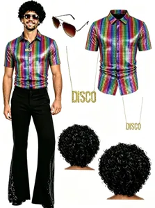 Costume Disco Homme 70s 80s Rétro Tenue Chemise Paillettes Pantalon Perruque Fête!